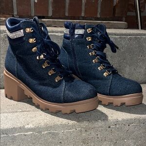 Stylish Denim Chunky Heal Boots with Gold and rhinestone Accents